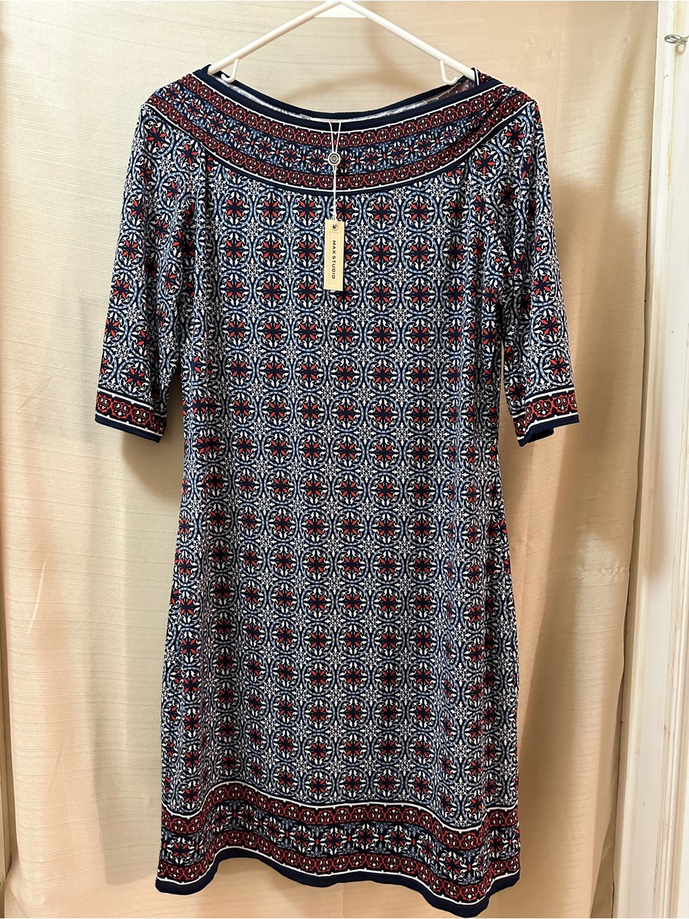 Max Studio Tile Print Shift Dress Navy Red White Stretch Knit XL NWT Midi